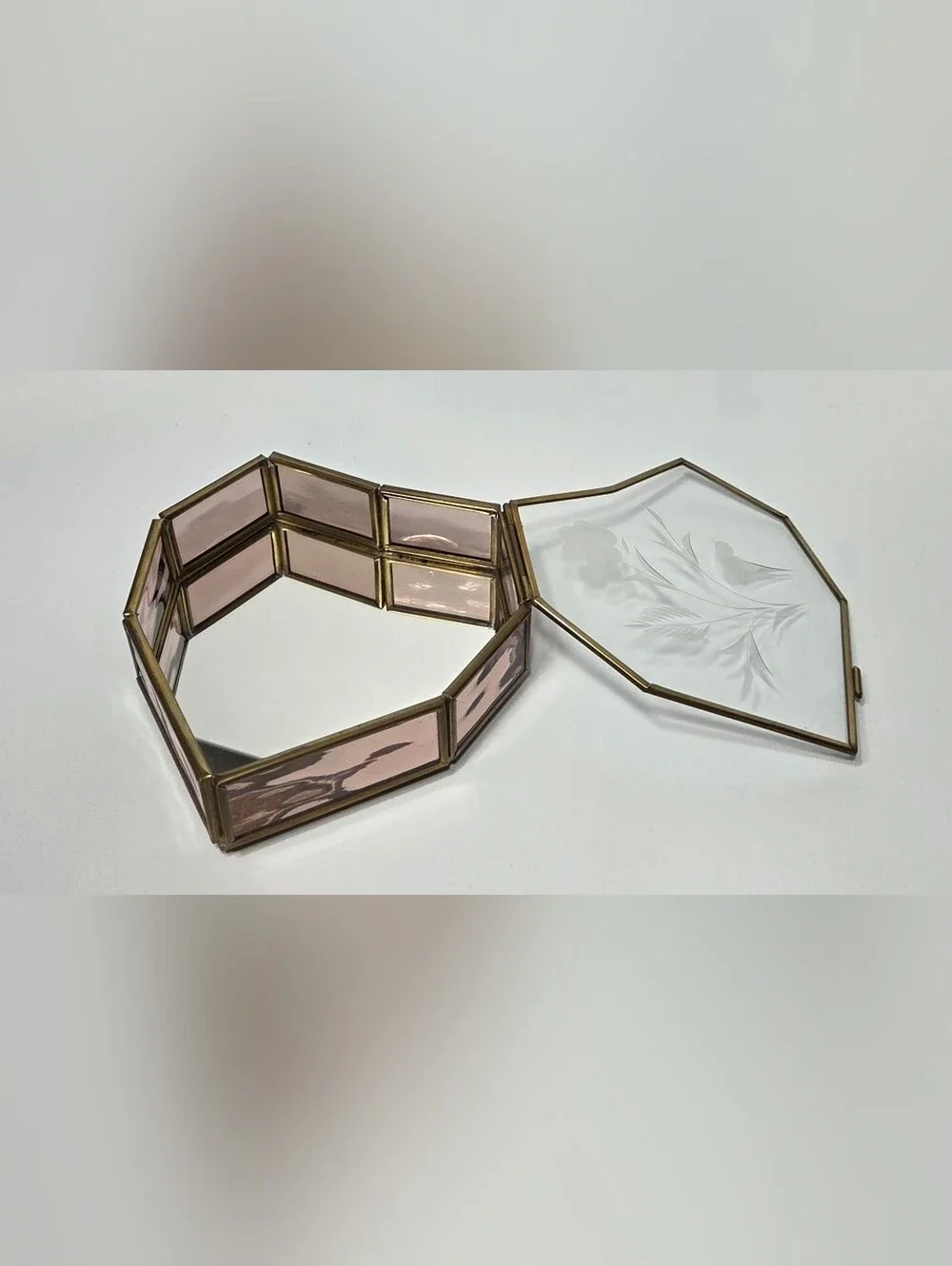 Glass Heart Jewelry Box with Etched Floral Design Y2K Coquette